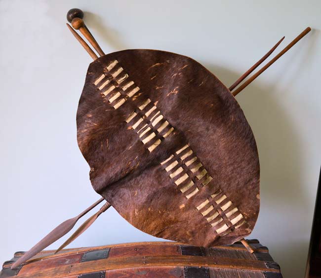 A Zulu shield and spears, souvenirs from Noel Haigh's trip to Africa in 1896 