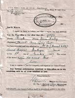 Notification of Vernon's gunshot wound to the head, in November 1917