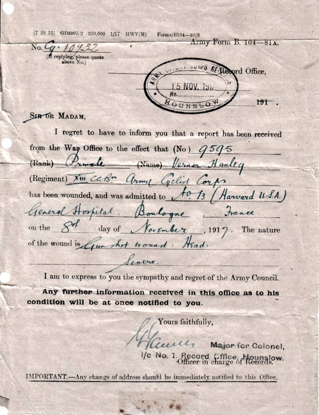 Notification of Vernon's gunshot wound to the head, in November 1917