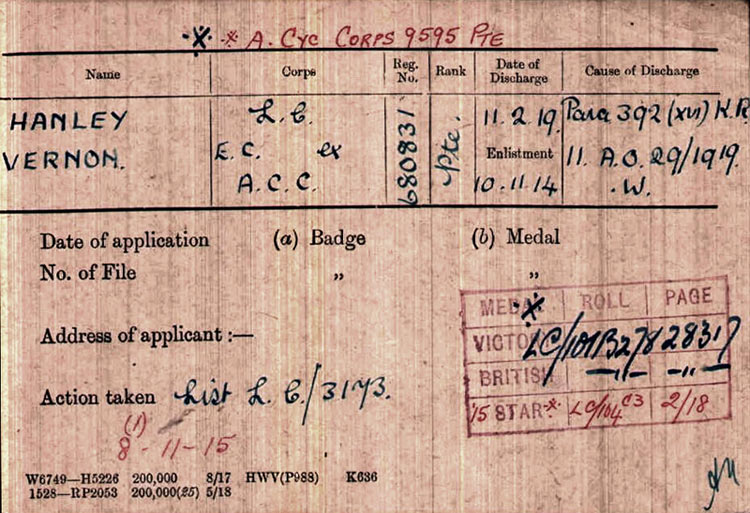 Medal Rolls Index Card for Vernon Hanley