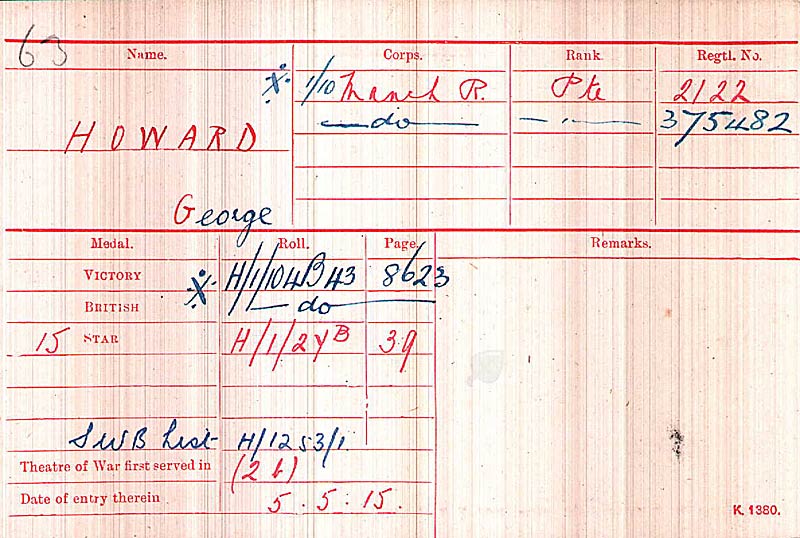 George Howard - Medal Card