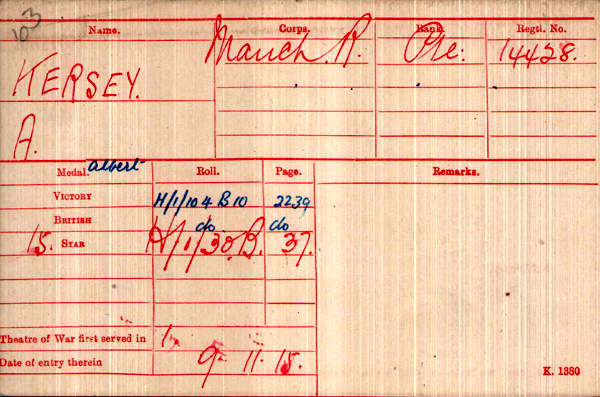 Albert Kersey-medal index card