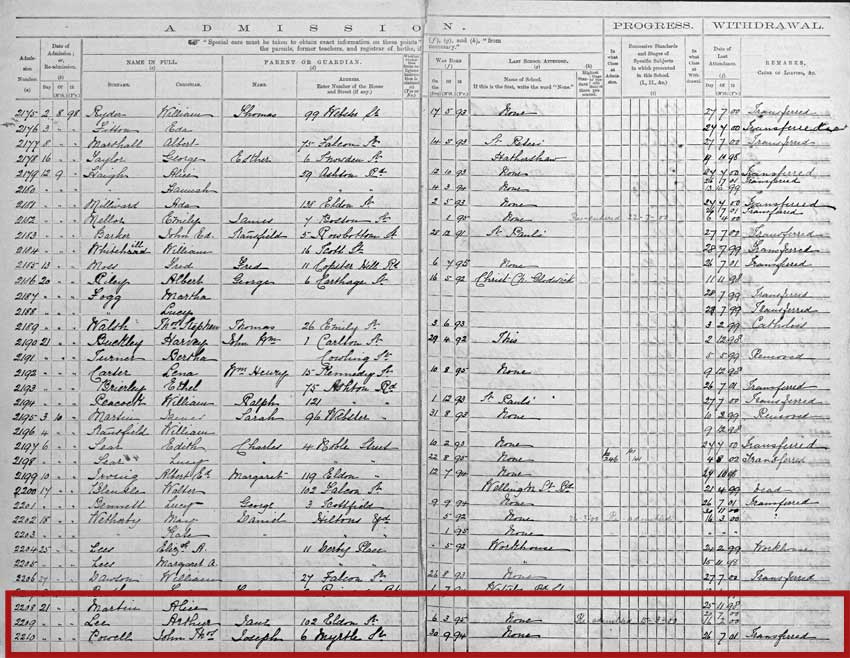  WW1 serviceman - Driver Arthur Lee, RFA, School Admissions Register for Scottfield County Primary School, Oldham, 1898