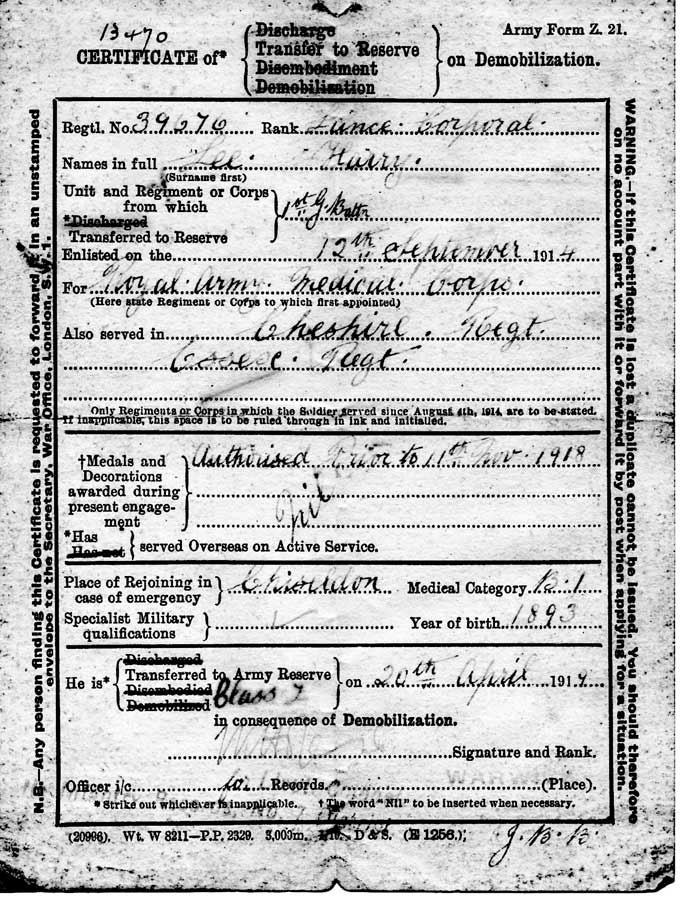  WW1 serviceman- Private Harry Lee, RAMC, 34166 Demobilisation certificate