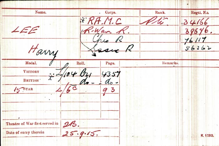  WW1 serviceman- Private Harry Lee, RAMC, 34166, Medal Rolls Index Card