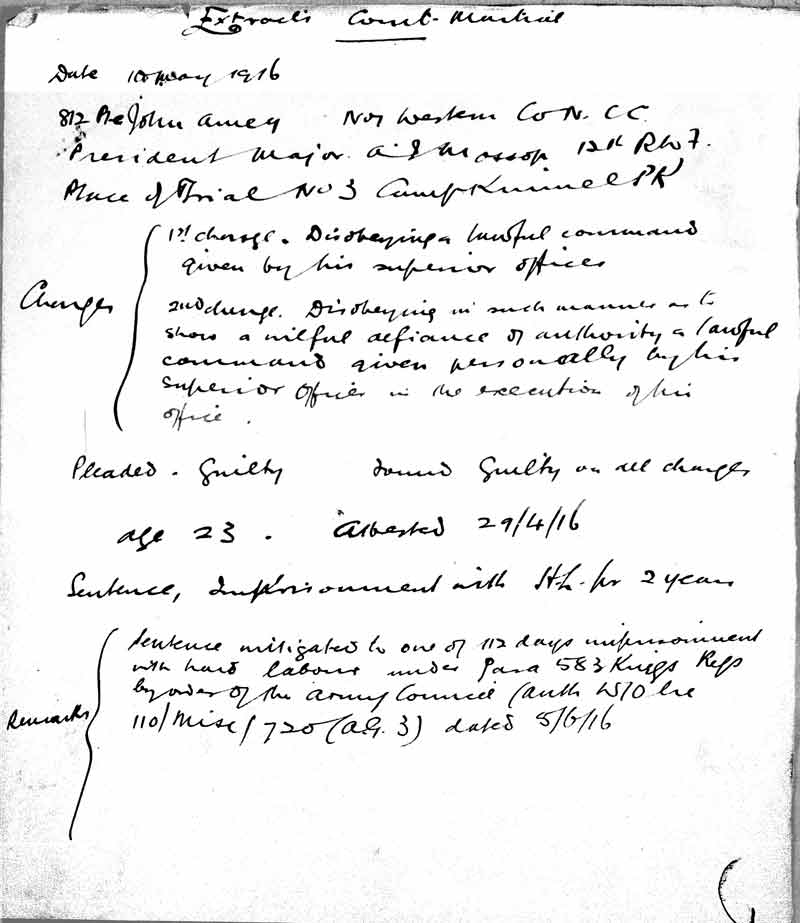 Private John Amey, 812, Non-combatant Corps - Extracts from Proceedings of Court Martial, 10th May 1916