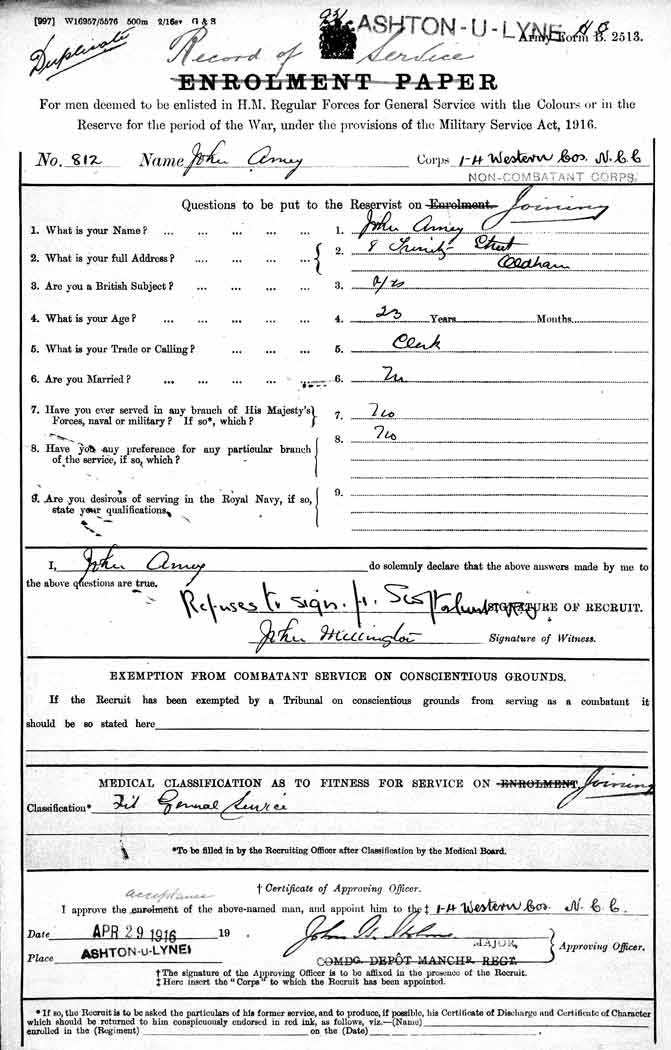 Private John Amey, 812, Non-combatant Corps - Record of Service
