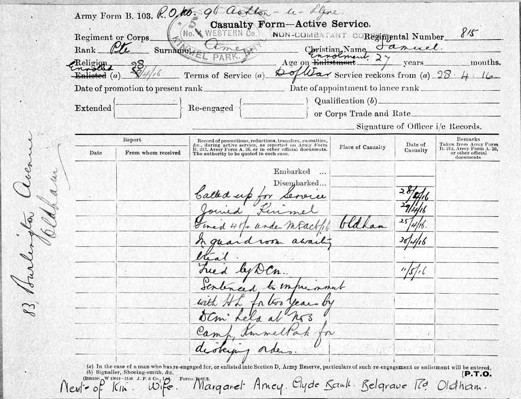 Private Samuel Amey, 815, Non-combatant Corps - Casualty Form - Active Service