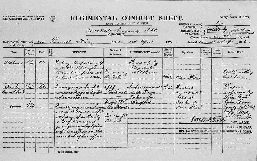 Private Samuel Amey, 815, Non-combatant Corps - Casualty Form - Regimental Conduct Sheet