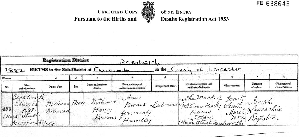 William Edward Burns - birth certificate