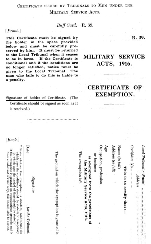 certificate of exemption WW1