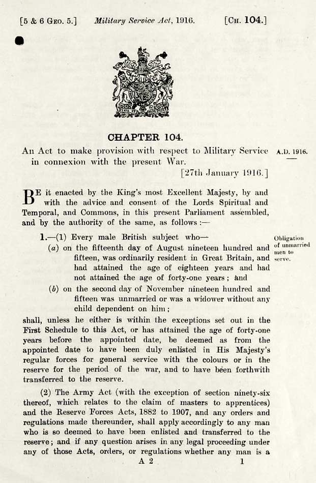 The Military Service Act 1916 - Royal Assent 27th January 1916
