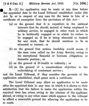 The Military Service Act 1916 - Grounds for Appeal 