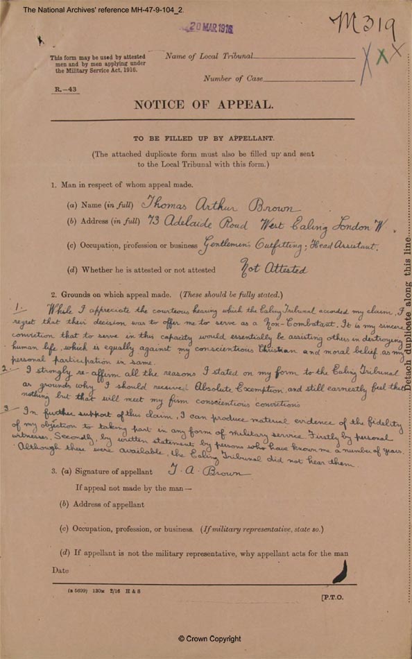 Thomas Arthur Brown Applied for 'absolute exemption' from military service 1916 