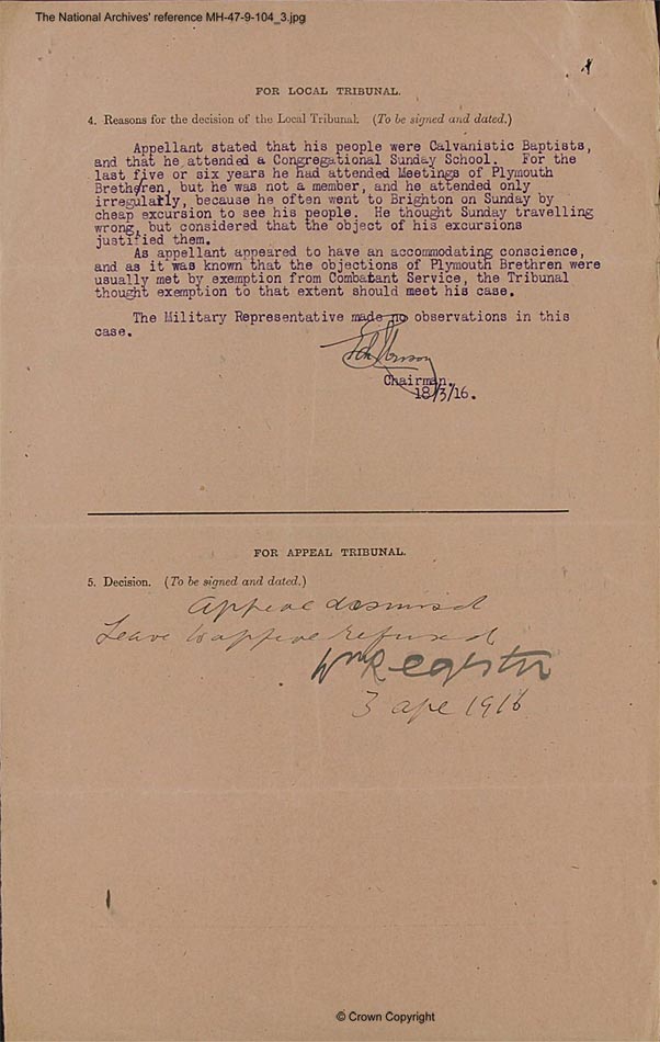 Thomas Arthur Brown Applied for 'absolute exemption' from military service 1916 