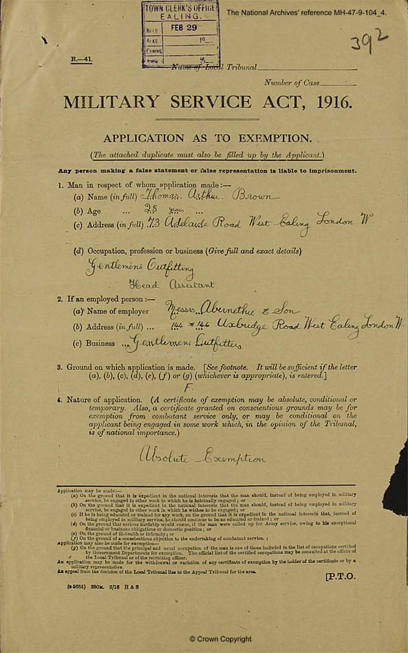 Thomas Arthur Brown Applied for 'absolute exemption' from military service 1916 