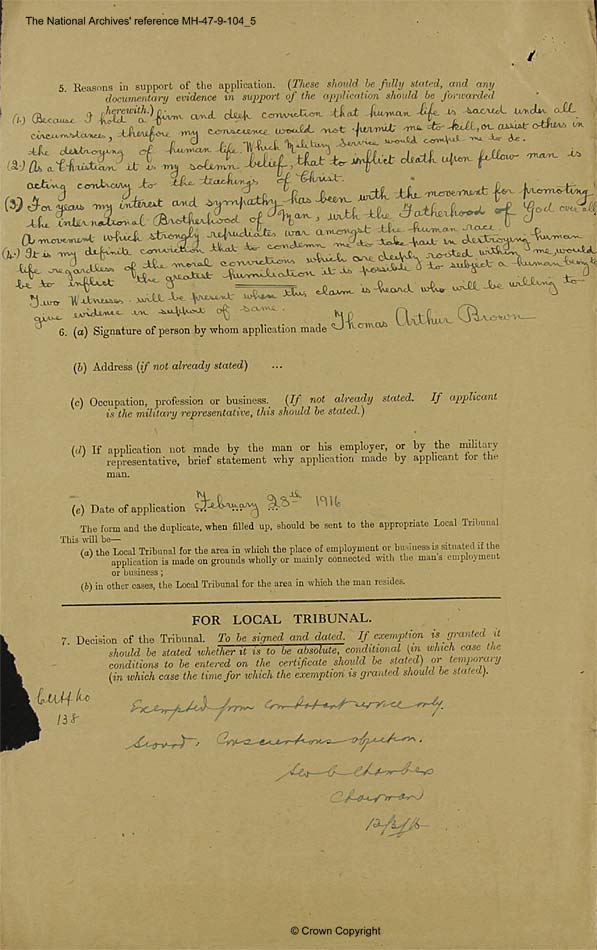 Thomas Arthur Brown Applied for 'absolute exemption' from military service 1916 