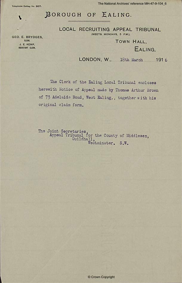 Thomas Arthur Brown Applied for 'absolute exemption' from military service 1916 