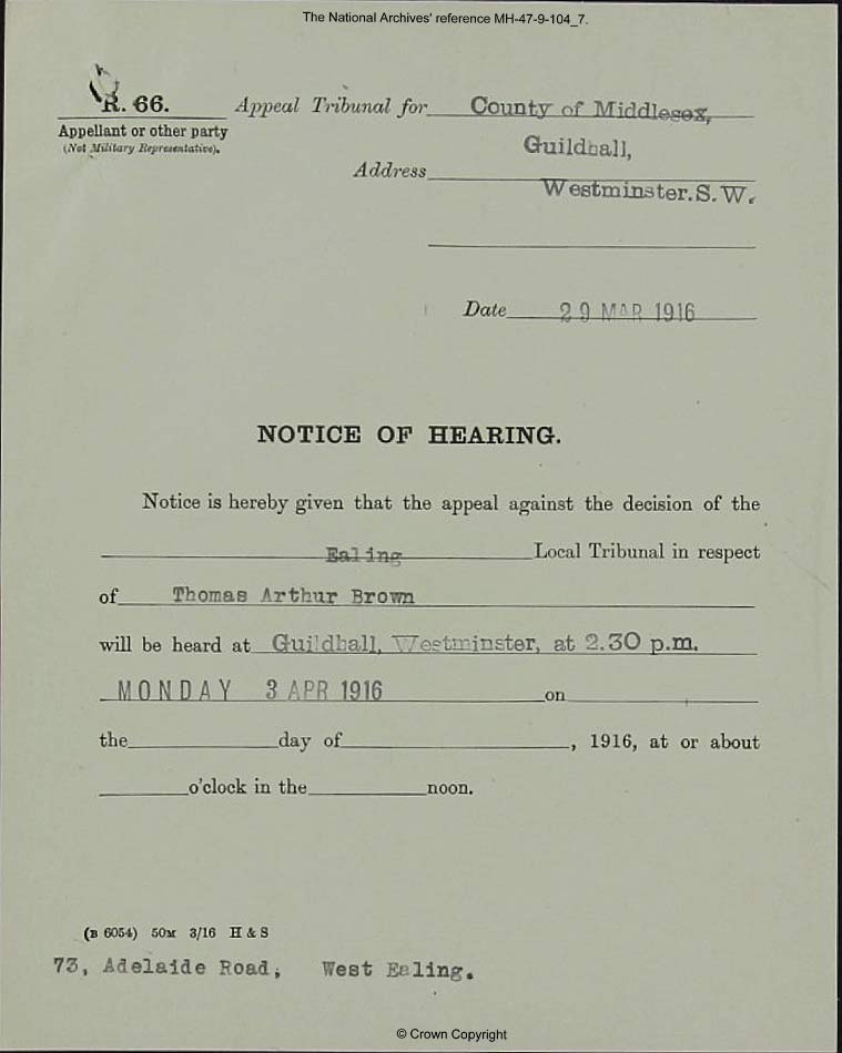 Thomas Arthur Brown Applied for 'absolute exemption' from military service 1916