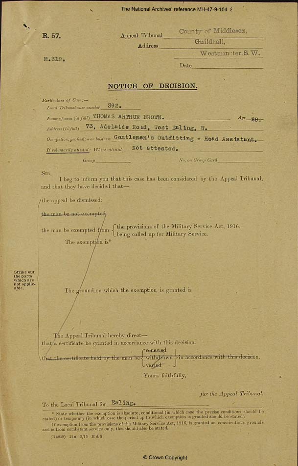 Thomas Arthur Brown Applied for 'absolute exemption' from military service 1916 