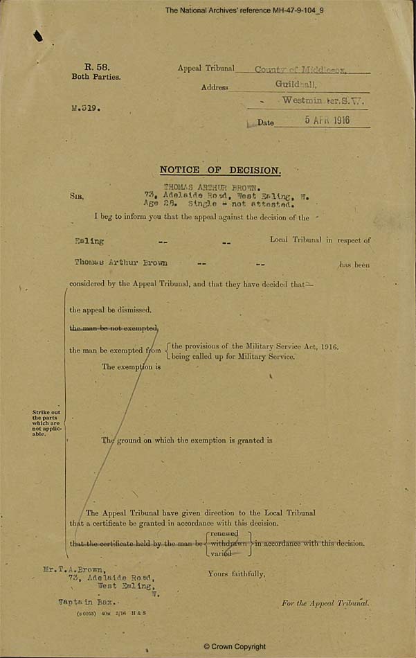 Thomas Arthur Brown Applied for 'absolute exemption' from military service 1916 