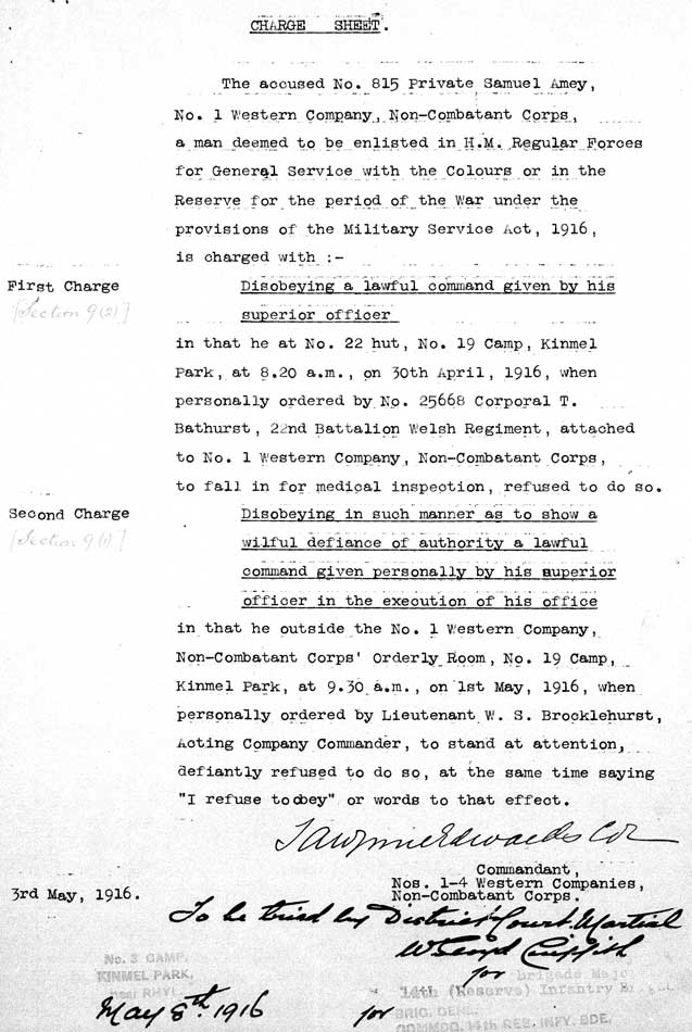 Typical Charge Sheet for failing to obey orders on arrival at Kinmel Park