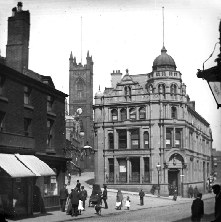 Oldham Parish Church from High Street, looking down Yorkshire Street