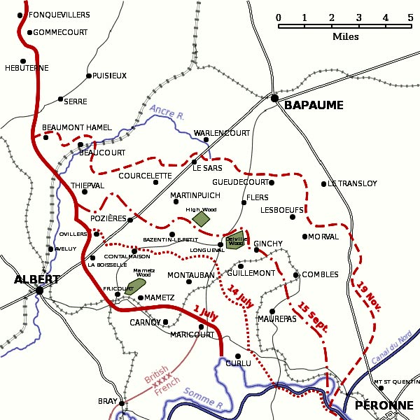 Map of the area of the Somme Battles in 1916