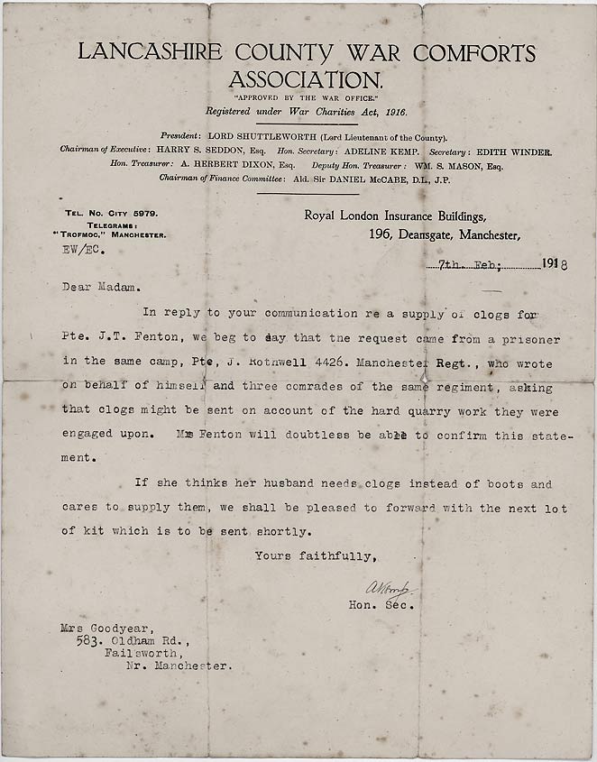 Letter on 'Lancashire County War Comforts Society' headed notepaper, referring to Private J.T. Fenton who was a Prisoner of War. 7th Feb. 1918 