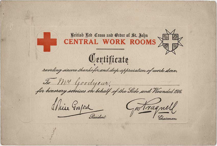 British Red Cross & Order of St. John Central Workrooms Certificate for honorary services 