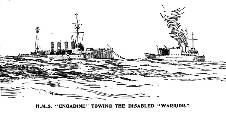 HMS Engadine towing HMS Warrior
