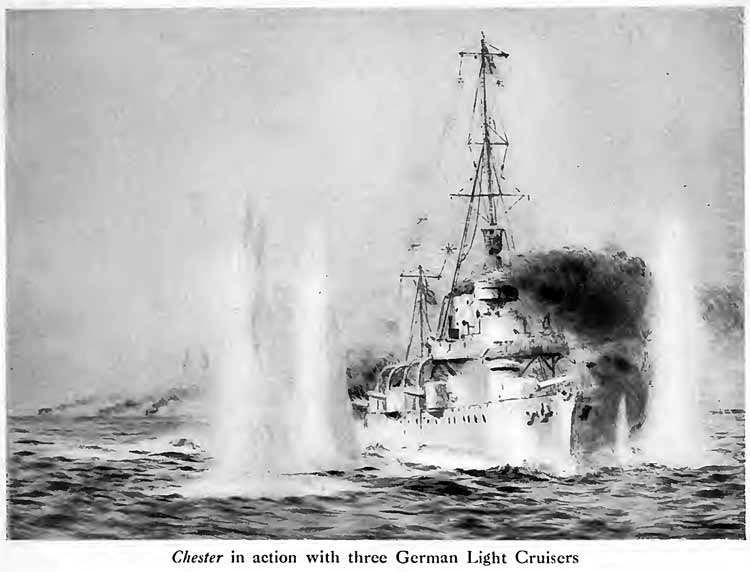 HMS 'Chester' in action with three German Light Cruisers.