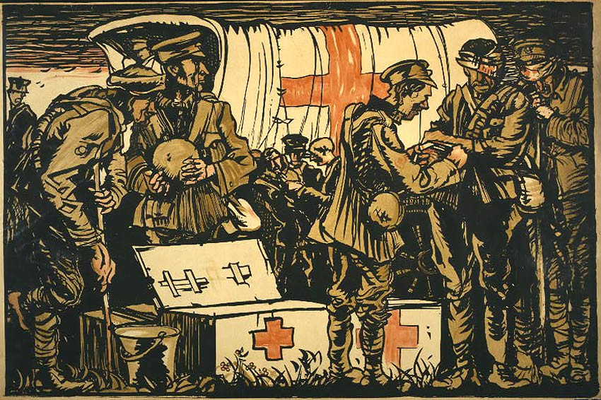 "Red Cross. Soldiers receiving medical attention"