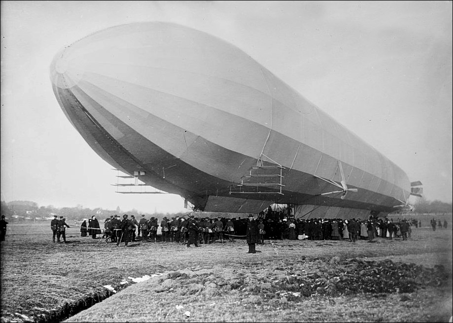 Blimp, Zeppelin No. 3, on ground, spectators