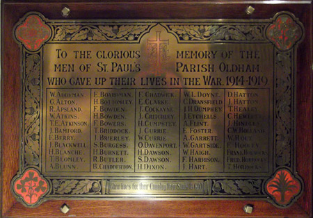 THE NAMES OF MEN IN THE ARMED FORCES ON THE MEMORIAL AT ST. PAUL'S CHURCH, ASHTON ROAD, OLDHAM