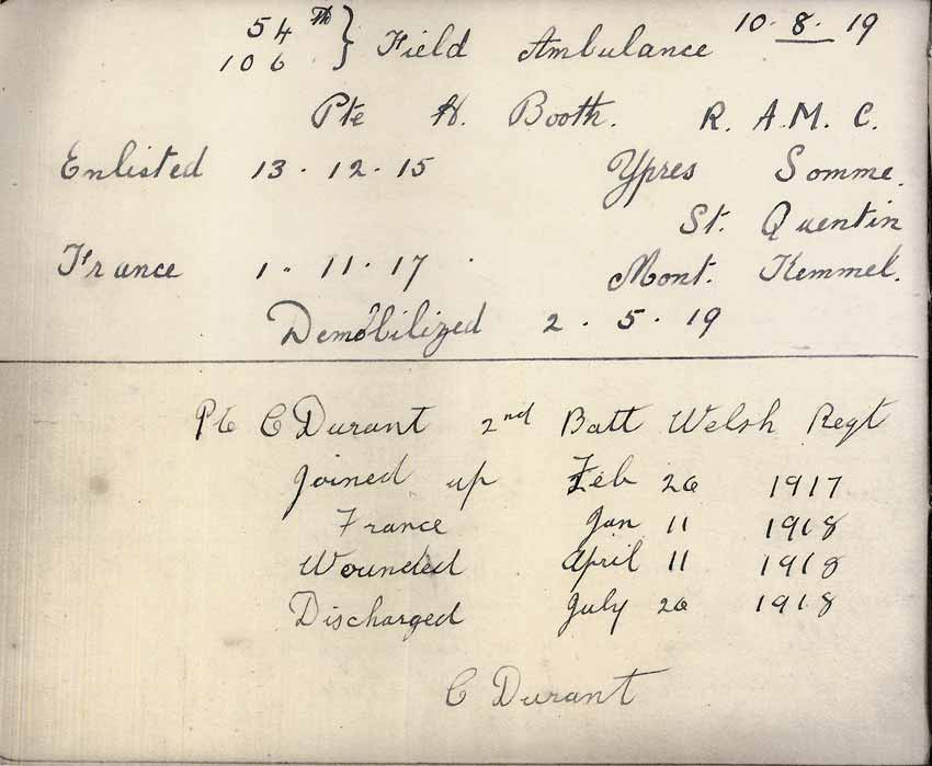 St Paul's Methodist church WW1 Memorial Autograph Book - Private H. Booth & Private C. Durant