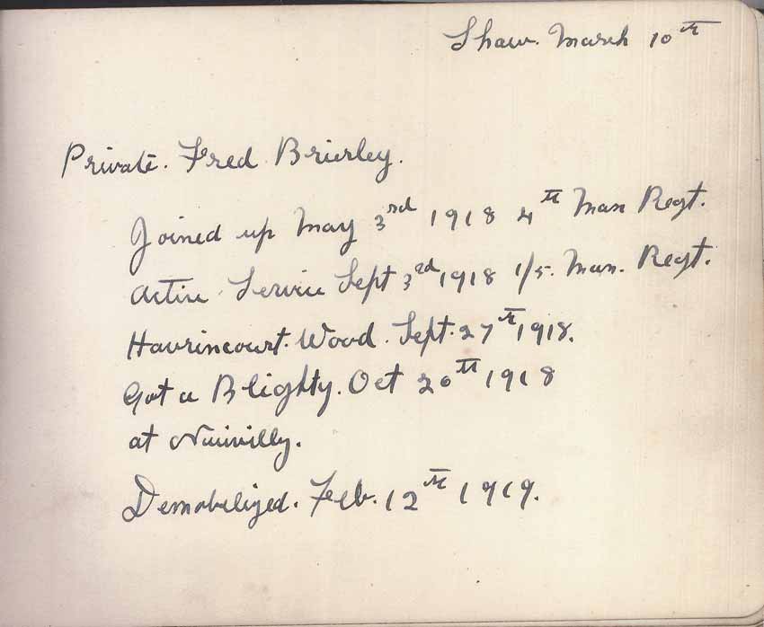 St Paul's Methodist church WW1 Memorial Autograph Book  - Private Fred Brierley