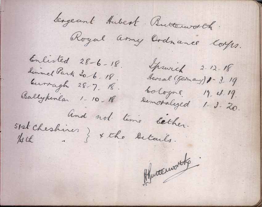 St Paul's Methodist church WW1 Memorial Autograph Book  - Private Hubert Butterworth