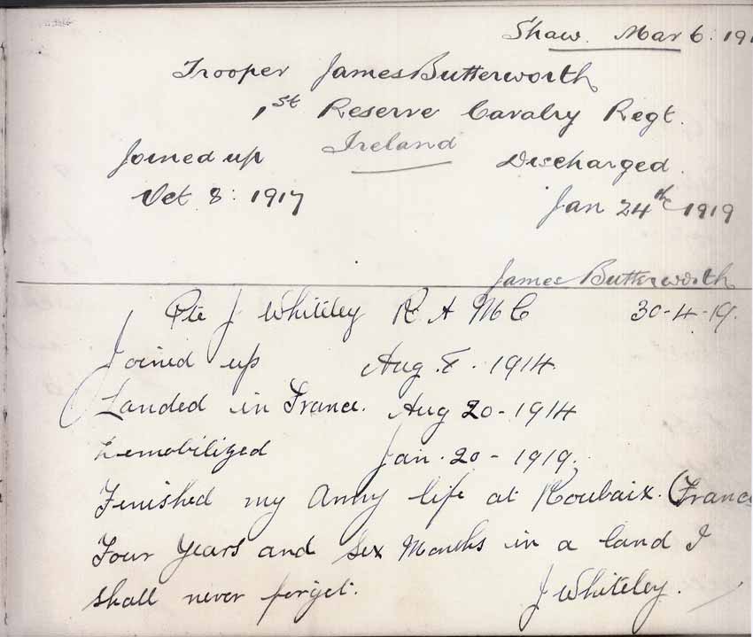 St Paul's Methodist church WW1 Memorial Autograph Book  - Trooper James Butterworth & Private J. Whiteley