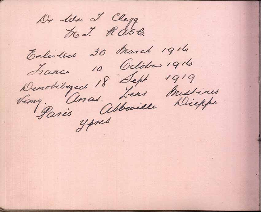 St Paul's Methodist church WW1 Memorial Autograph Book - Driver Wm. T. Clegg