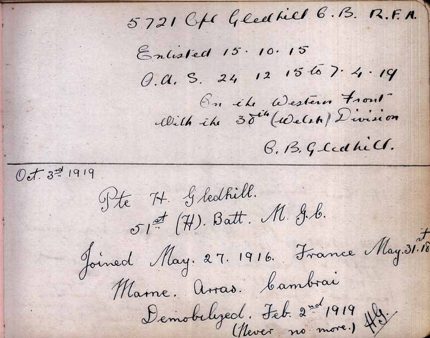 St Paul's Methodist church WW1 Memorial Autograph Book  - Corporal C.B. Gledhill, 5721 &  Private H. Gledhill