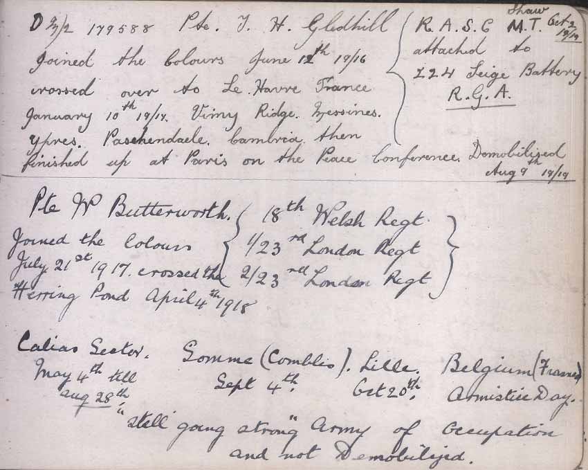 St Paul's Methodist church WW1 Memorial Autograph Book  - Private T.H. Gledhill, 179588 & Private W. Butterworth