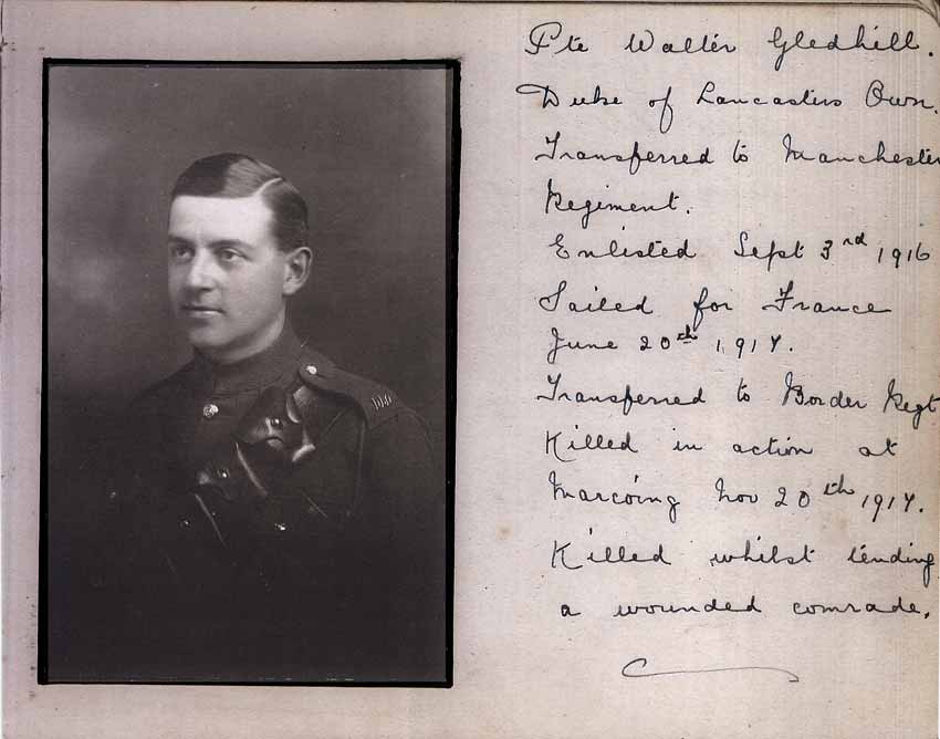St Paul's Methodist church WW1 Memorial Autograph Book  - Private Walter Gledhill, 28583