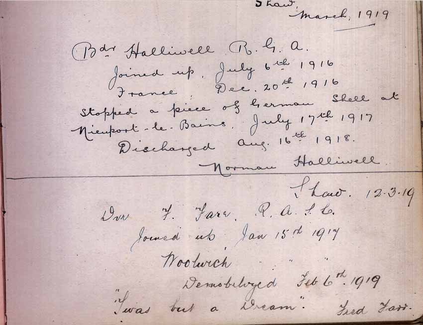 St Paul's Methodist church WW1 Memorial Autograph Book  - Bombardier Norman Halliwell & Driver Fred Farr 