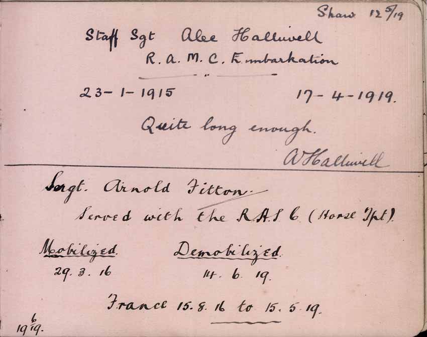 St Paul's Methodist church WW1 Memorial Autograph Book  - Staff Sergt. Alec Halliwell & Sergt. Arnold Fitton 