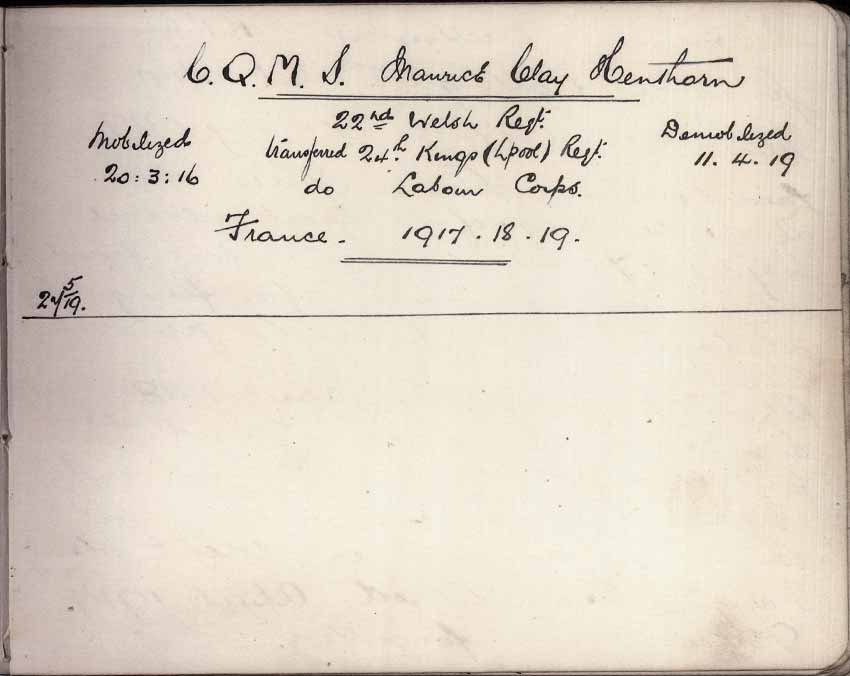 St Paul's Methodist church WW1 Memorial Autograph Book  - Company Quarter Master Sergeant Maurice Clay Henthorn