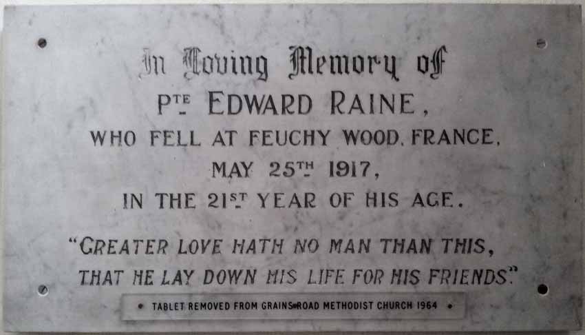 St Paul's Methodist church WW1 -Memorial Tablet removed from Grains Road Methodist Church 1964