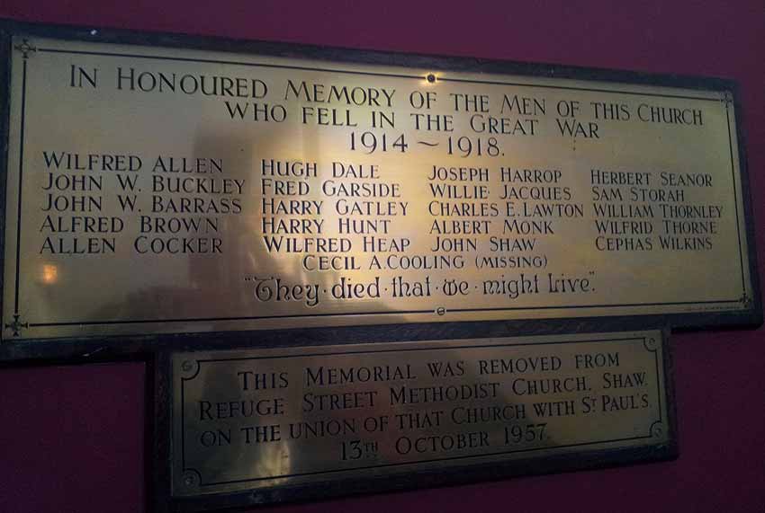 St Paul's Methodist church WW1 - Memorial Tablet removed from Refuge Street Methodist Church, Shaw on the union of that church with St. Paul's, 13th October 1957 