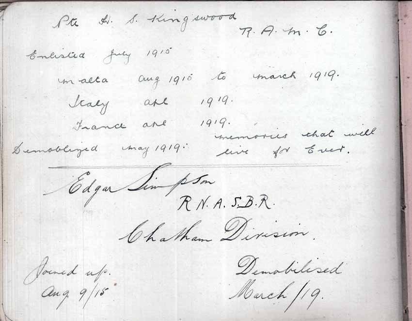 St Paul's Methodist church WW1 Memorial Autograph Book  -Private H.S. Kingswood & Edgar Simpson