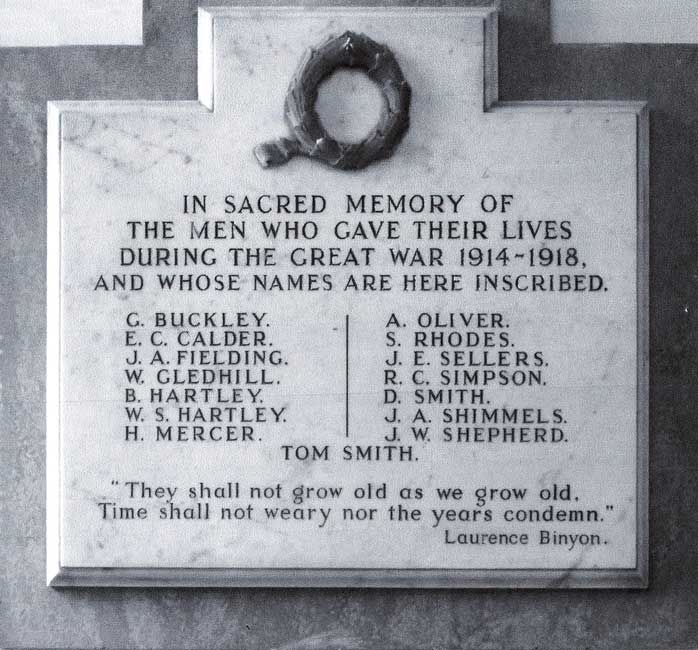 The Memorial Tablet in the Institute, commemorating the men who served in the Great War - St. Paul's Methodist Church, Shaw.
